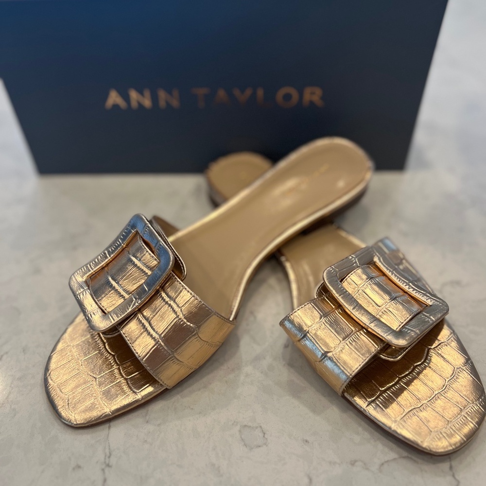 Ann Taylor Gold Croc-Embossed Sandals